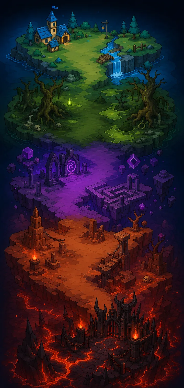 The Trap Devil world map: a village, a swamp, purple ruins, an orange canyon and a volcanic castle stacked vertically.